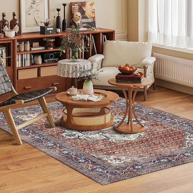 Washable Area Rug 5' x 7' Vintage Traditional Persian Mat - Foldable Distressed Non-Slip Machine Washable Carpet for Living Room Bedroom Kitchen Home Decor - Terracotta and Navy