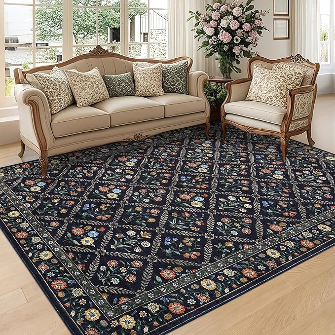 GarveeHome Living Room Rug 5x7 Rug Machine Washable Stain Resistant Area Rug Non Slip Floral Vintage Low Pile Rugs for Living Room, Bedroom, Farmhouse, Dining Room, Kids PlayroomNavy&Black