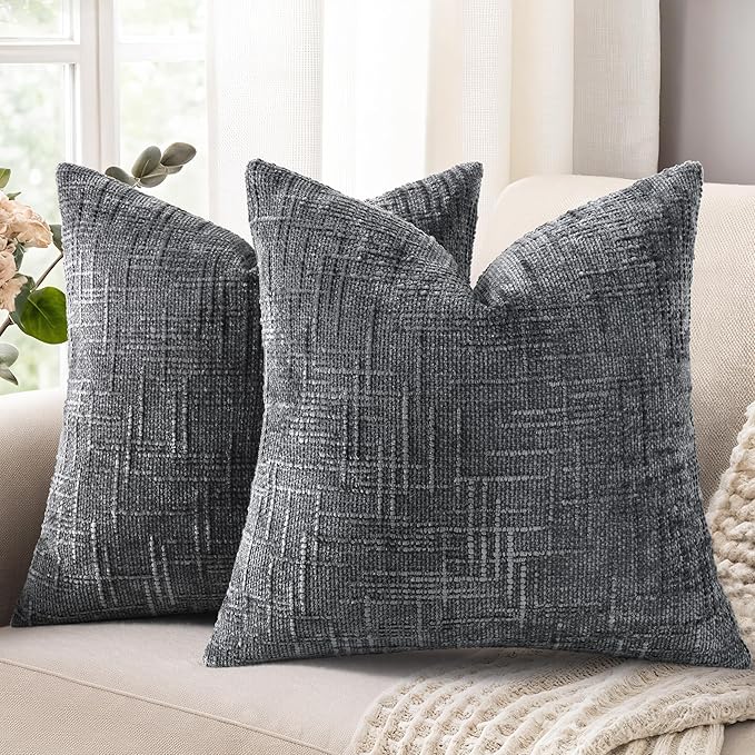 decorUhome Dark Grey Chenille Throw Pillow Covers 20x20 Set of 2 Textured Soft Cozy Slubby Couch Pillow Covers Modern Farmhouse Boho Decorative Pillow Cases for Bed Sofa Living Room