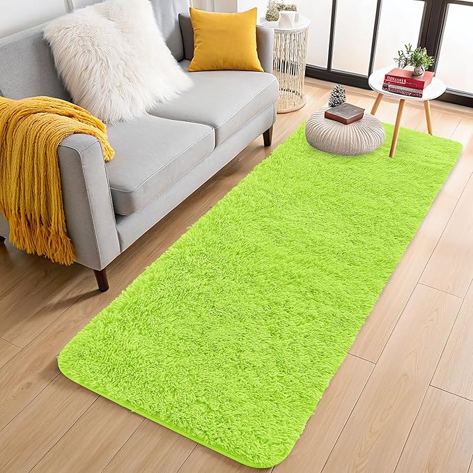 OLANLY 2x4 Machine Washable Runner Rugs for Hallway, Soft Fluffy Shaggy Bedside Rugs for Bedroom, Living Room, Indoor Floor Carpet for Kids Girls and Boys, Home Decor Aesthetic, Lime Green