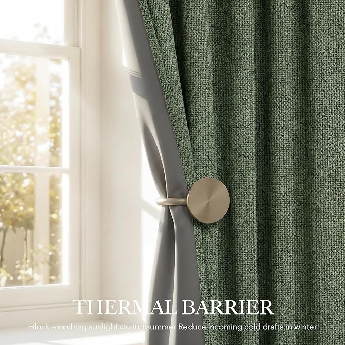 RYB HOME Olive Green 100% Blackout Linen Curtains 96 inches Long, Luxury Thermal Insulated Room Darkening Drapes for Living Room/Bedroom/Sliding Doors, Back Tab&Rod Pocket, W52xL96, 2 Panels