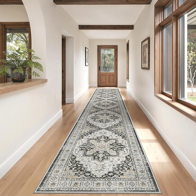 Madane Hallway Runner Rug 2'6''x16' Kitchen Runner - Non Slip Vintage Runners for Hallways Washable Kitchen Rugs Soft Low Pile 2.5x16 ft Rug Runner for Laundry Room, Entryway and Bedroom, Black