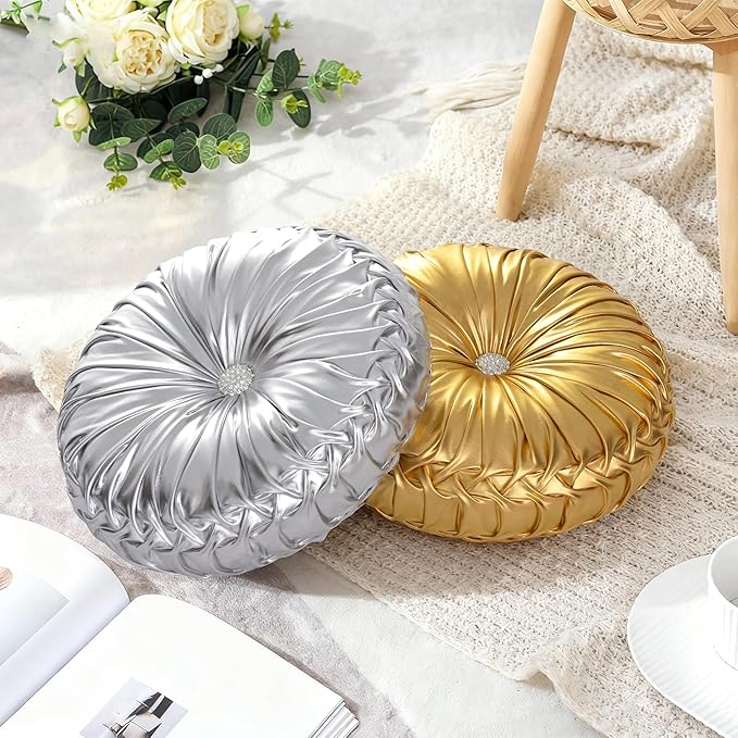 HIG Set of 2 Handcrafted Silver Ruched Round Throw Pillows – 14.5’’ Metallic Leather Decorative Pillows with Soft Polyester Filling for Couch, Bed, Living Room, Bedroom, or Dorm