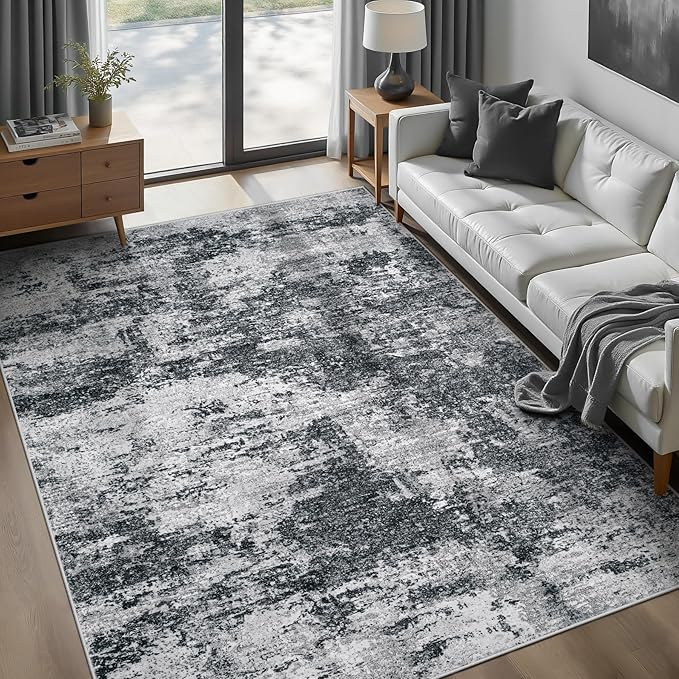 Area Rugs 6x9 for Living Room: Washable Rug Modern Abstract Neutral Soft Non-Slip Low-Pile Indoor Carpet for Bedroom Dining Room Playroom Home Office (Black Grey, 6'x9')