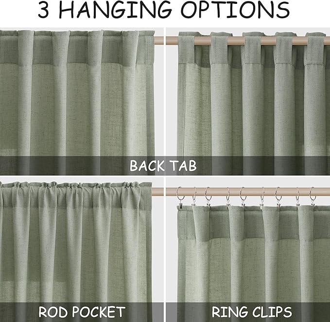 Desert Sage Linen Curtains 90 Inch Long 2 Panels Set for Bedroom Living Room Linen Textured Window Drapes Semi Sheer Light Filtering Rod Pocket Back Tab Cotton Textured Farmhouse Curtain 52x90