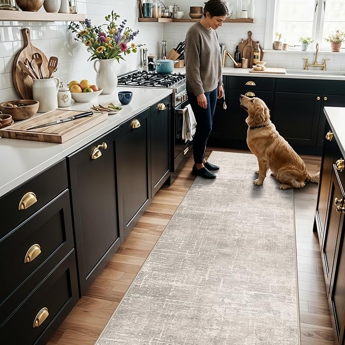 Hallway 2x8 Washable Runner Rug: Abstract Stain Resistant Entryway Kitchen Area Rugs Farmhouse Soft Bathroom Bedroom Print Floor Mat Thin Non-Slip Indoor Carpet for Living Room Laudry(2x8,Beige/Cream)