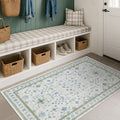 Hazo Haus Blue and Green Washable Rugs 3x6 - Vintage Boho Floral Pastel Cream, Washable Low Pile Non Slip Small Throw Accent Area Rug for Entry Way, Laudry Room, Kitchen, Bedroom Beside Bed Decor