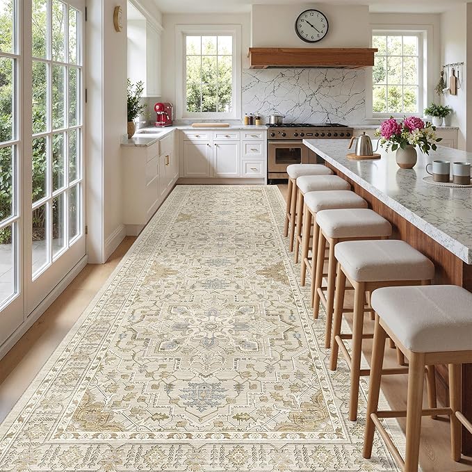 Madane 4x12 Wide Hallway Runners: Washable 12ft Runner Rug for Entryway Living Room Soft Vintage Non Slip Carpet Runner for Kitchen Dining Room Nursery Bedroom Thin Area Rug (Beige/Blue, 4x12ft)