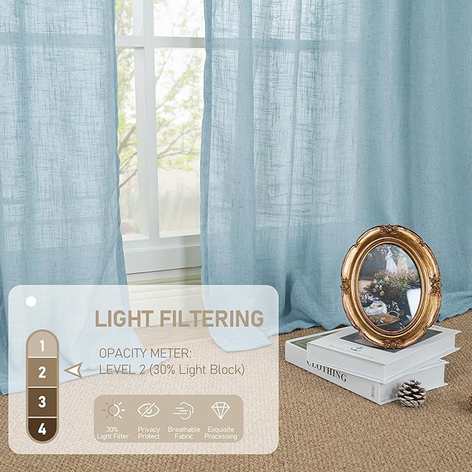 LAMIT Stone Blue 72 inch Linen Curtains for Living Room 2 Panels, Linen Textured Light Filtering Semi Sheer Back Tab and Rod Pocket Panels for Bedroom/Farmhouse, 52 x 72 Inch
