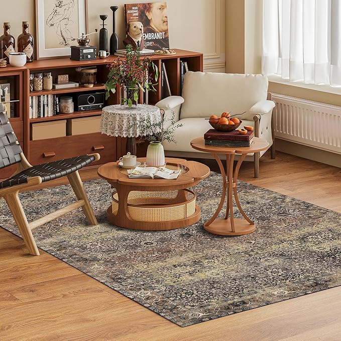 Washable Area Rug 3' x 5 ' Vintage Traditional Persian Mat - Foldable Distressed Non-Slip Machine Washable Carpet for Living Room Bedroom Kitchen Home Decor - Umber and Slate