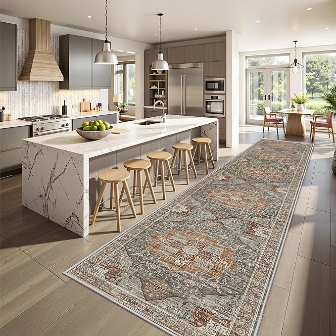 Hallway Runner Rug 2x12, Extra Long Washable Runner Rugs with Rubber Backing, Non Slip Runner, Vintage Rug Runners for Kitchen Laundry Room Entryway (Grey/Brown/Tan,2'x12')