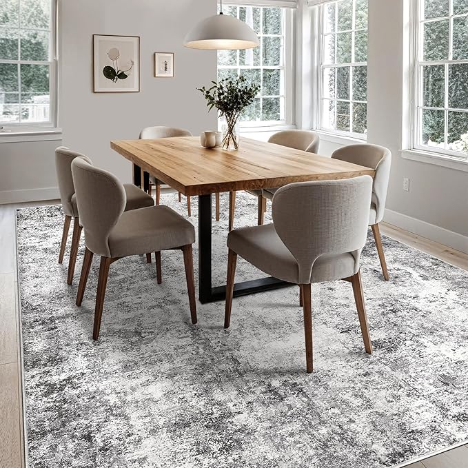 8x10 Area Rug Living Room Rugs - Washable Neutral Modern Abstract Soft Thin Rug Indoor Floor No Slip Rug Carpet for Bedroom Under Dining Table Home Office Decor - Grey