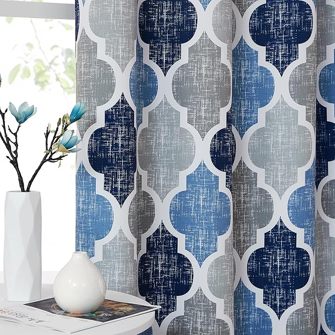 Beauoop 100% Blackout Curtains 72 Inches Long 2 Panels for Bedroom Living Room Blue Grey Moroccan Geo Room Darkening Thermal Insulated Soundproof Grommet Top Window Treatments Drapes, 50x72 Set of 2