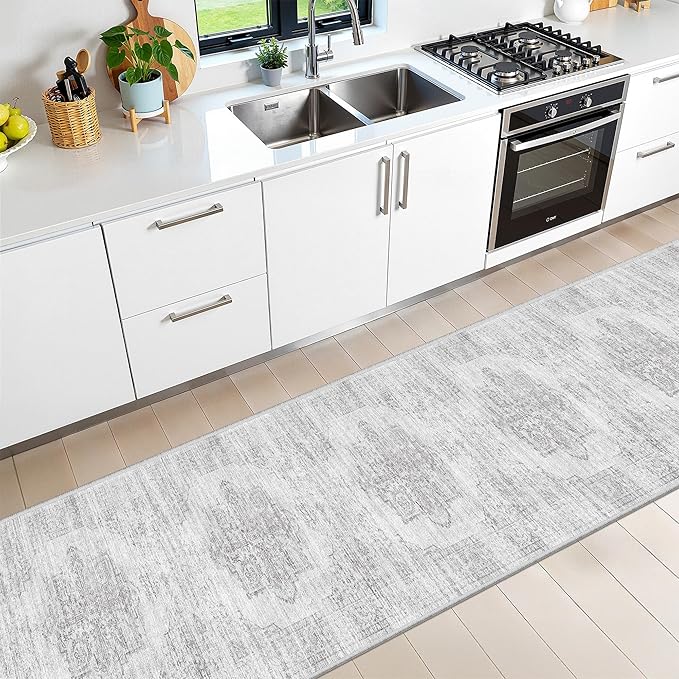 2x12 Runner Rug, Long Hallway Rugs for Dining Room, Living Room, Bedroom, Machine Washable Kitchen Carpet Runner with Rubber Backing, Soft Low Pile Indoor Rug(2'x12', Light Grey/White)