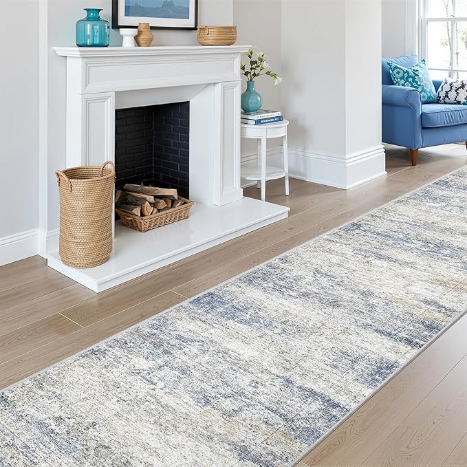 Long Rugs Runner - Washable Runner Rugs for Hallway 2x10, Ultra-Thin Soft Kitchen Carpet Runner, Anti Slip Backing Runner Rugs for Entrance, Bedroom, Living Room(2'x10', Blue/Brown/Ivory)
