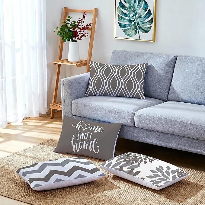 Hexagram Geometric Grey Pillow Covers 12x20 Set of 4, Decorative Outdoor Boho Modern Throw Pillow Covers, Home Sweet Home Farmhouse Cushion Case for Couch Sofa Bedroom Indoor Decor(No Insert)