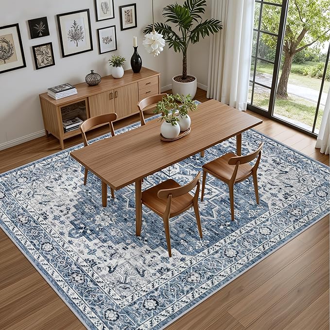 Area Rugs 10x14 Living Room Rug: Washable Rug Soft Vintage Boho Medallion Carpet Indoor Floor Non-Slip Stain Resistant Large Carpets for Bedroom Dining Room Farmhouse Nursery Home Office Blue