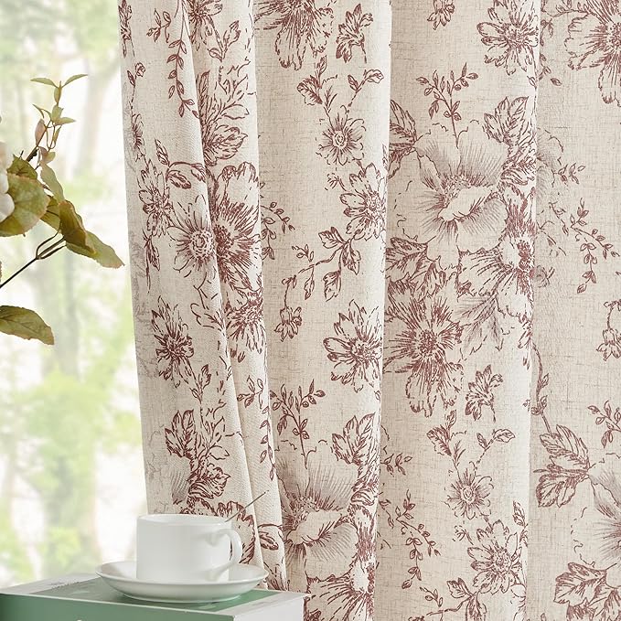 jinchan Linen Blend Curtain Floral Curtains for Living Room 90 Inch Length Farmhouse Brick Red Printed Curtain Rod Pocket Back Tab Peony Flower Patterned Drapes Curtains Set 2 Panels