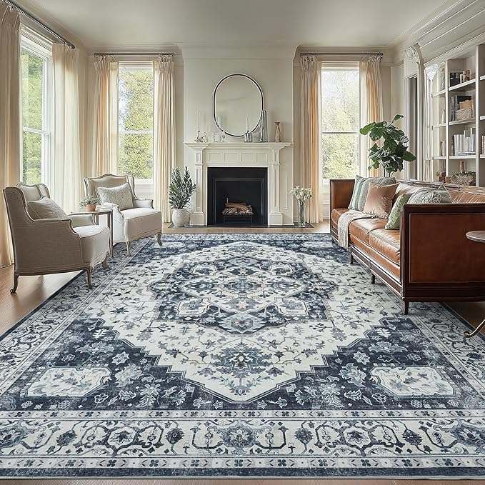 AMADA HOMEFURNISHING 9x12 Area Rug, Washable Low-Profile Large Area Rug with Non-Slip Backing & Durable Edge Binding, Vintage Large Rugs for Living Room, Bedroom