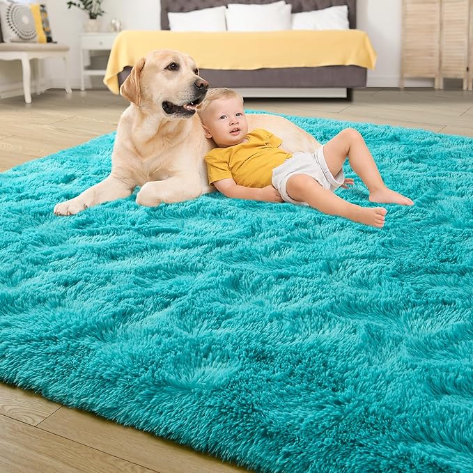 Tepook Fluffy Large Rugs for Living Room, Shag Area Rug 6x9 Soft Carpet for Bedroom, Modern Shaggy Rug for Kids Boys Girls, Plush Indoor Nursery Home Decor Rug with Non-Slip Bottom, Blue, 6 X 9 Feet