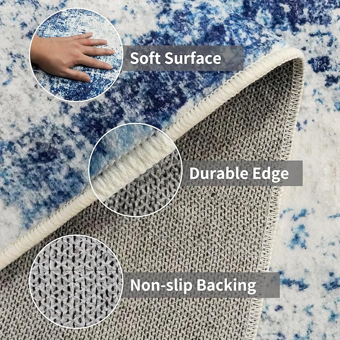 3x10 Washable Runner Rug for Hallway: Non Slip Runners Rugs Easy-to-Clean - Soft Living Room Bedroom Kitchen Carpet - Thin Low Pile Printed Floor Mat for Dining Room Blue