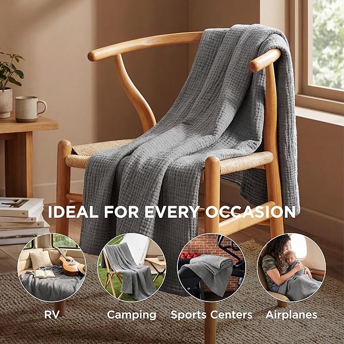 Bedsure 100% Cotton Muslin Throw Blanket Large 50x70 Inches - 4-Layer Breathable and Lightweight Thin Soft Summer Gauze Muslin Blankets for Adults, Grey, Boho Cotton Throw for Couch