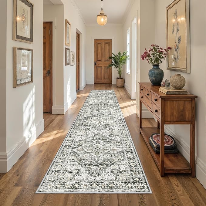 Hallway Runner Rug 2x12, Extra Long Washable Runner Rugs with Rubber Backing, Non Slip Runner, Vintage Rug Runners for Kitchen Laundry Room Entryway (Grey/Beige,2'x12')