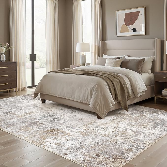 7x9 Area Rug Living Room Rugs - Washable Neutral Modern Abstract Soft Thin Large Rug Indoor Floor No Slip Rug Carpet for Bedroom Under Dining Table Home Office Decor - Brown Grey