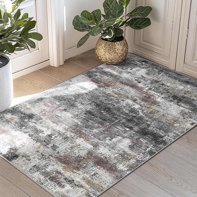 2x3 Rugs for Entryway Entrance Kitchen Bathroom, Machine Washable Modern Abstract Soft Area Rug, Indoor Floor Carpet with Non Slip Rubber Backing, Dark Gray