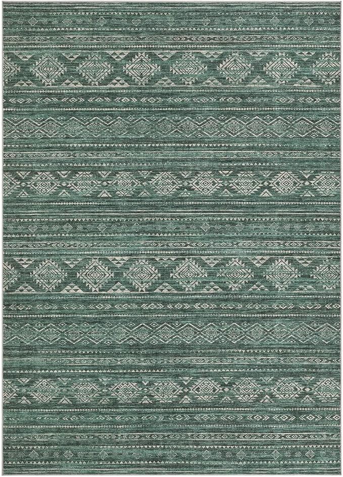 Nakagishi 7x9 Area Rugs Living Room: Washable Boho Large Neutral Soft Farmhouse Rug Stain Resistant Modern Indoor Floor Non-Slip Carpet for Bedroom Nursery Kids Playroom Office Dining Room Dorm- Green