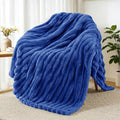 Exclusivo Mezcla Fleece Throw Blanket for Couch, Super Soft Striped Jacquard Bed Blanket, Lightweight Fuzzy Cozy for All Seasons, 50x60 Inches, Cobalt Blue