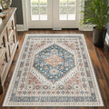 3x5 Washable Area Rug for Entryway, Kitchen Rugs Non Slip for Dining Room, Vintage Floral Soft Living Room Rug, Thin Area Rug Indoor for Bedroom, Kids Room Decor(Blue/Red,3'x5')