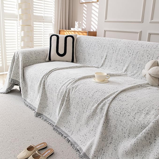 Couch Cover for Dogs, Boho Sofa Covers for 3 Cushion Couch, Chenille Slipcover for Pets Washable, L-Shape Sectional Couch Loveseat Cover Soft Throw Blankets with Tassels(91x150,Speckled Grey)
