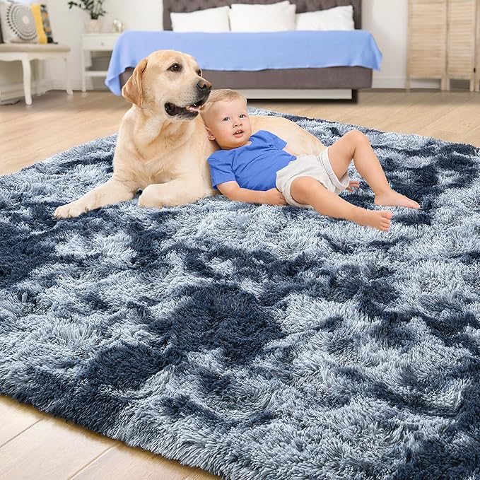 Tepook Area Rugs 9x12 for Living Room, Super Soft Fluffy Rugs for Bedroom, Modern Shaggy Rug Fuzzy Carpets for Kids, Plush Indoor Nursery Home Decor Rug with Non-Slip Bottom, Tie-Dyed Blue and Grey