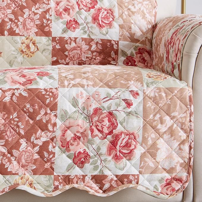 Great Bay Home Reversible Floral Patchwork Recliner Furniture Protector - Machine Washable, Scalloped Edge, Stain Resistant, Printed Furniture Cover for Dogs, Kids, and Pets (Burgundy/Taupe)