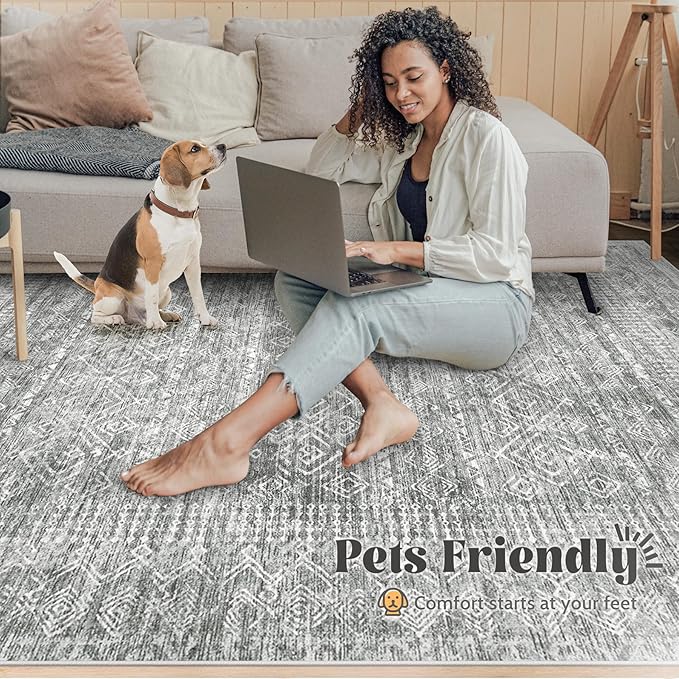 Washable Area Rug 5x7: Moroccan Rug for Living Room Geometric Boho Rug Farmhouse Non Slip Stain Resistant Rugs Low Pile Soft Carpet for Bedroom Dining Room Home Office Children Room (Grey,5'x7')