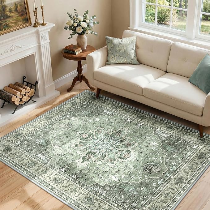 Area Rugs 4'x6' Washable Non-Slip, Floral Vintage Distress Print Pattern Medallion Carpet for Living Room Bedroom Dining Room, Dark Green Gray