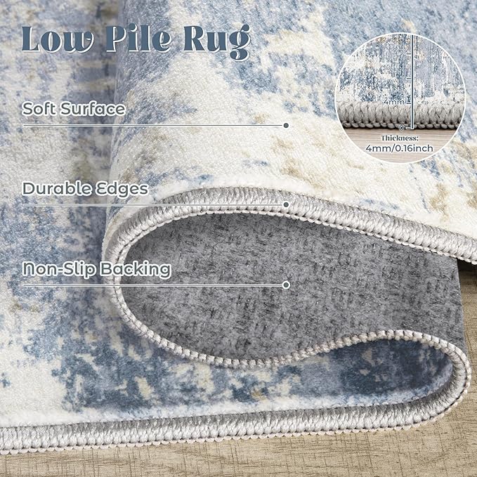 2x7 Runner Rug for Hallway, Washable Modern Abstract Runner Rugs Neutral Soft Non Slip Kids Rug Stain Resistant Indoor Runners for Hallways Entryway Bedroom Kitchen Laundry Room(Blue, 2'x7')