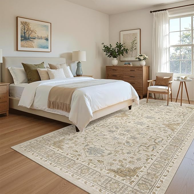 Madane Hallway Runner Rug 4x8 Wide: Washable Thin Runners for Hallways Entry, Non Slip Soft Vintage Kitchen Rugs Low Pile Carpet Runners for Living Room Bedroom Dining Room Foyer (Beige/Blue, 4x8)