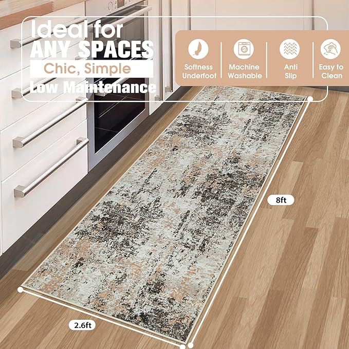 Runner Rug for Hallways Kitchen 2'6"x8' Washable Non Slip: Carpet Non Skid 8ft Entryway Rubber Backed 8 Feet Neutral Abstract Modern Rug Low Pile Pet Friendly Indoor Brown Beige