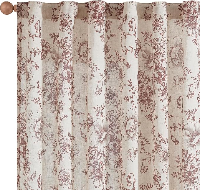jinchan Linen Blend Curtain Floral Curtains for Living Room 84 Inch Length Farmhouse Brick Red Printed Curtain Rod Pocket Back Tab Peony Flower Patterned Drapes Curtains Set 2 Panels