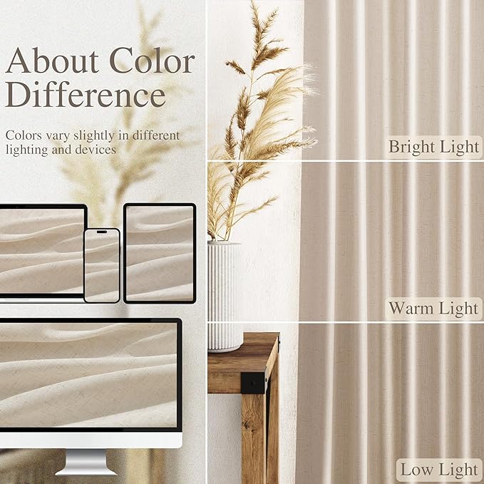 Cream Beige Linen Curtains 132 Inch Length for Living Room Light Filtering Semi Sheer Curtain Back Tab Modern Farmhouse Decor Elegant Drapes Floor to Ceiling High Window for Bedroom 52x132, 2 Panels