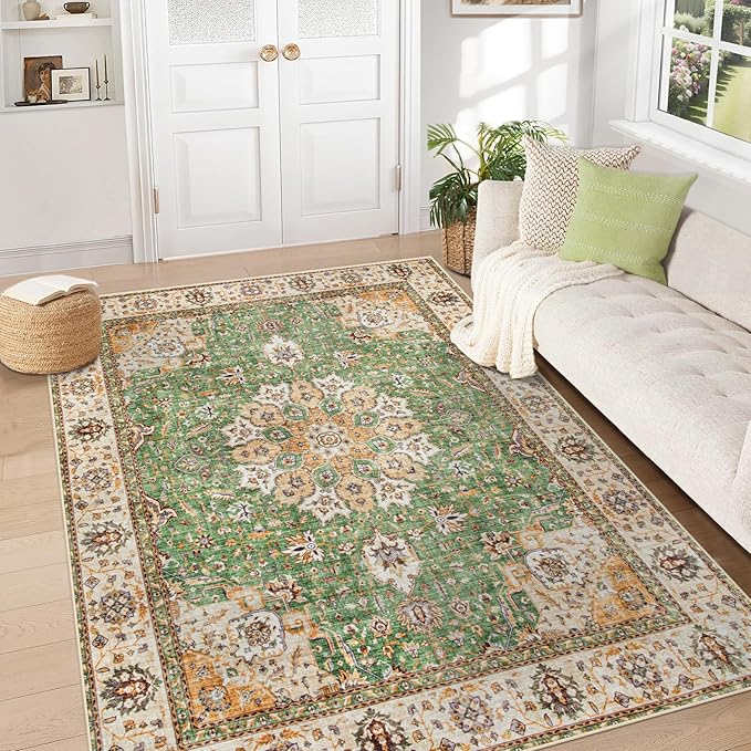 Area Rug 5x7 Washable Rug, Vintage Boho Medallion Rugs Non-Slip Soft Low Pile Large Distressed Rug Indoor Retro Carpet for Living Room Bedroom Dining Room Home Office (Vintage Green, 5'x7')