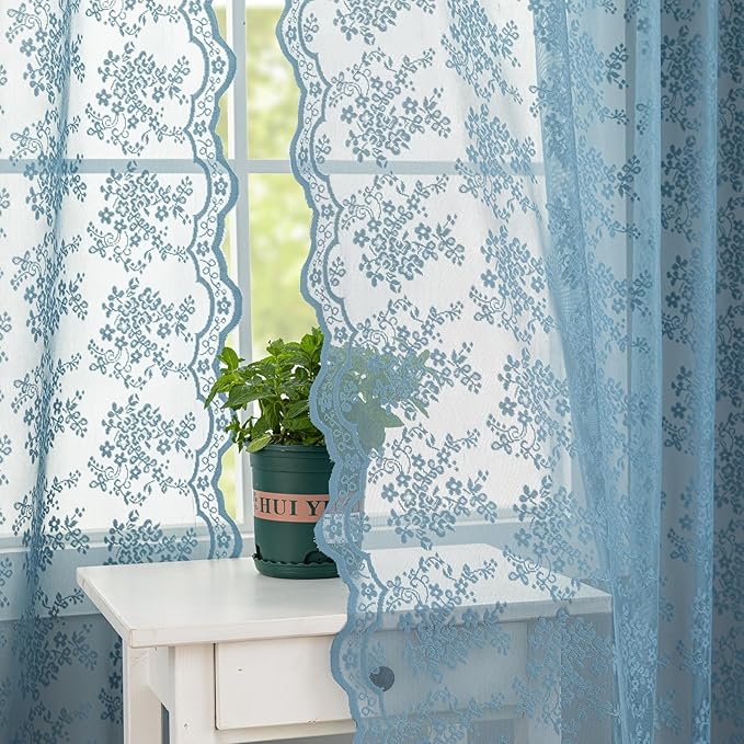 YJ YANJUN Vintage Lace Curtains 72 Inches Long 2 Panels Antique Boho Slate Blue Sheer Curtain for Playroom Living Room Bathroom Rod Pocket Semi Sheer Privacy Drapes W52 X L72 Dusty Grey Blue Denim