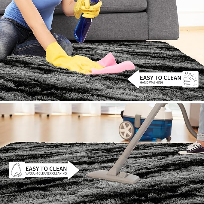 Tepook Soft Fluffy Rugs for Bedroom, 4x6 Area Rug for Living Room, Modern Shaggy Room Rug for Kids Boys Girls, Plush Throw Rugs Indoor Nursery Home Decor Rug with Non-Slip Bottom, Black Grey