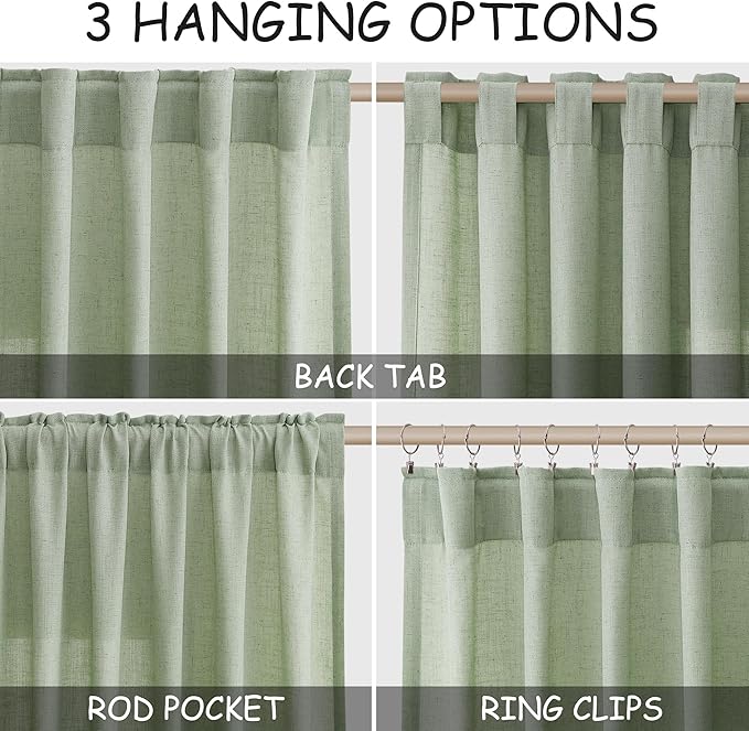 Mist Sage Linen Curtains 90 Inch Long 2 Panels Set for Bedroom Living Room Linen Textured Window Drapes Semi Sheer Light Filtering Rod Pocket Back Tab Cotton Textured Farmhouse Curtain 52x90