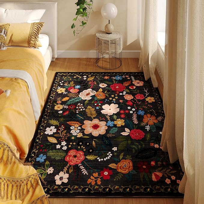 Rugcomf Area Rug 4x6 Rug Washable Boho Rugs Non Slip Low Pile Floral Small Carpet for Bedroom, Bedside, Kids Room, Office, Dining Room(Black)