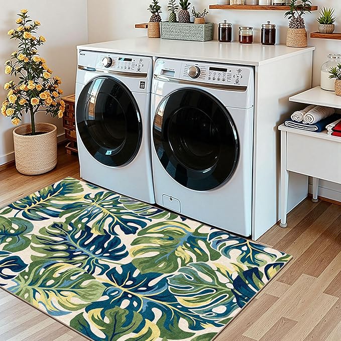 Boho Outdoor Rug - 28" x 43" Front Door Mat Indoor Outside Entrance Non-Slip Washable Outdoor Mat Tropical Green Blue Leaf Rug for Entryway Kitchen Bedroom Layered Doormat for Front Porch