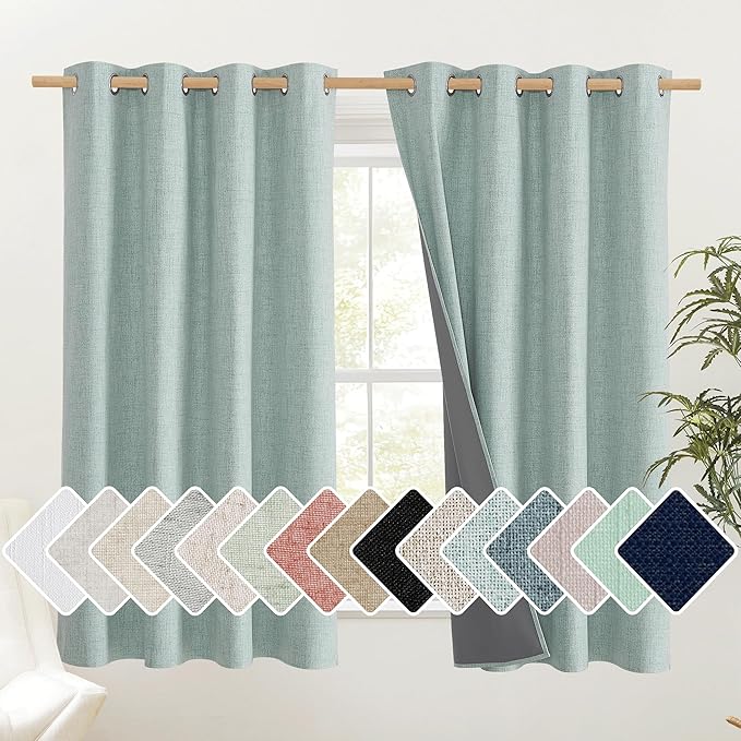 NICETOWN 100% Absolutely Blackout Linen Curtains with Thermal Insulated Liner, Seafoam Green, 52" Wide, 45" Length Energy Saving Curtains for Living Room 2 Panels Set, Vertical Blinds