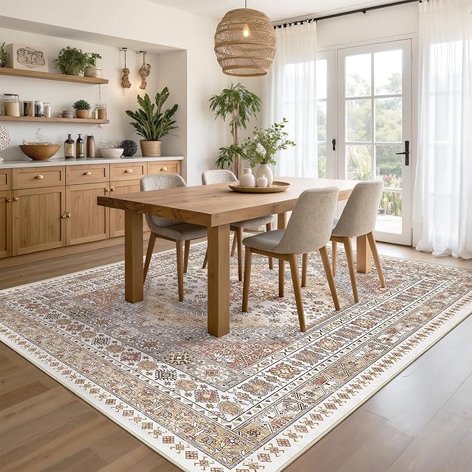 6x9 Area Rugs for Living Room,Soft Low Pile Indoor Washable Rugs for Bedroom, Non-Slip Backing Vintage Large Area Rug, Printed Vintage Floral Carpet(Orange,6'x9')